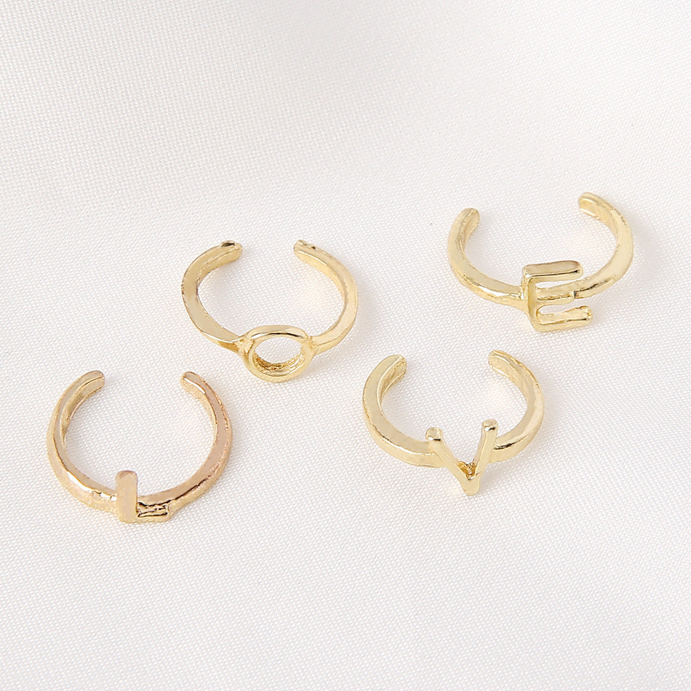 Gold Letter Ring Set Four Pieces For Women Electroplated Alloy Fashion Jewelry Gift Elegant Accessory For Her