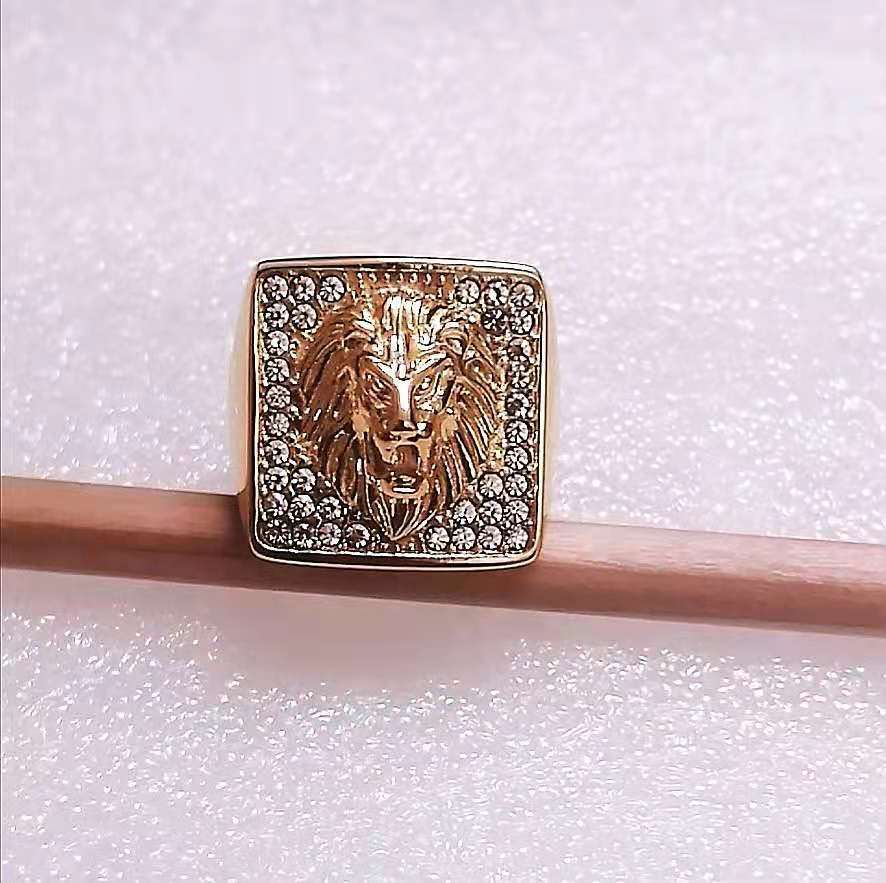 Gold Domineering Lion Head Titanium Steel Punk Men's Ring