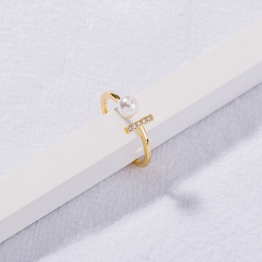Adjustable Copper Ring Zircon T Shaped Gold Pearl Accent