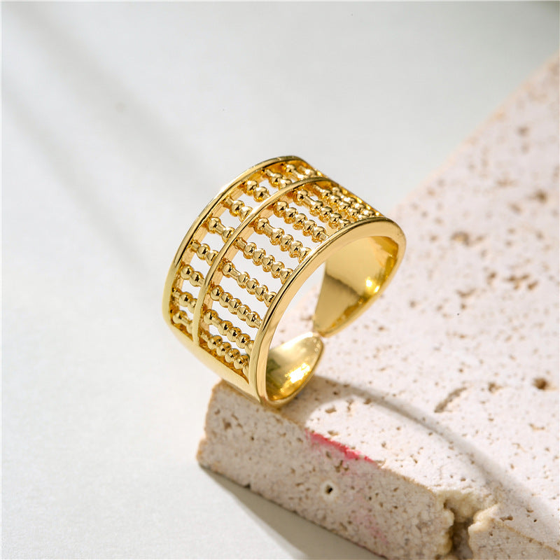 Womens Geometric Abacus Ring Shape 18K Gold Plated Copper Ring Micro Inlay Zircon Accent Adjustable Opening