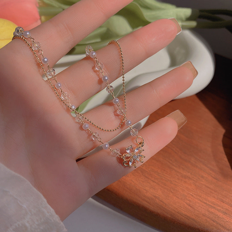 Womens Gold Bracelet Double Layer Flower With Zircon Accent And Pearl Flower Design Adjustable Chain Bracelet A