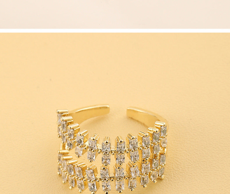Adjustable Copper Zircon Ring For Women Gold Tone Line Geometry Ins Style Elegant Jewelry For Daily Wear Needs