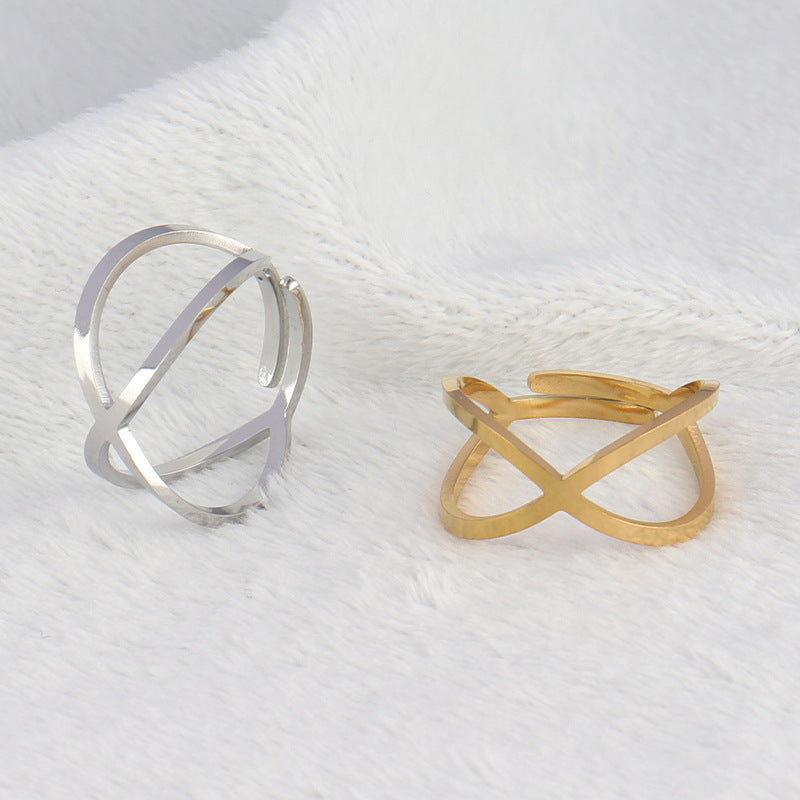 Womens Adjustable Stainless Steel Cross Ring Geometric Line Design Jewelry Gold Tone Silver Tone Statement Ring