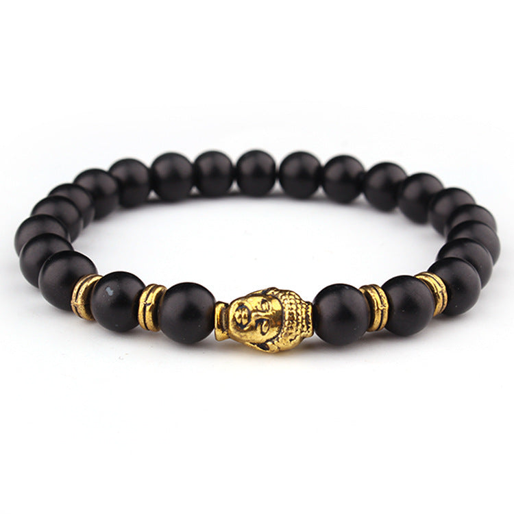 Unisex Matte Black 8mm Natural Stone Bracelet With Tiger Eye Beads And Double Buddha Head Accents Handmade Round