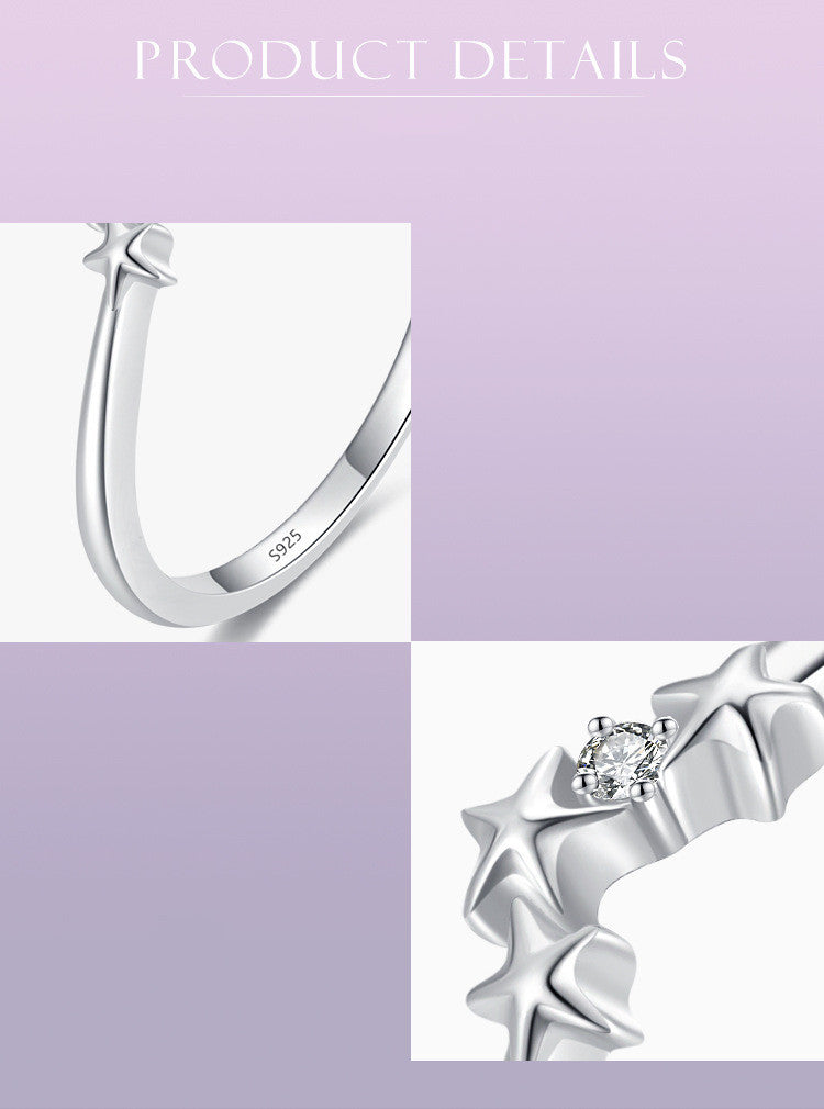 Womens Sterling Silver Ring With Sweet Star Design Geometrical Shape Gold Plated Inlaid Gemstones S925 US5 US6