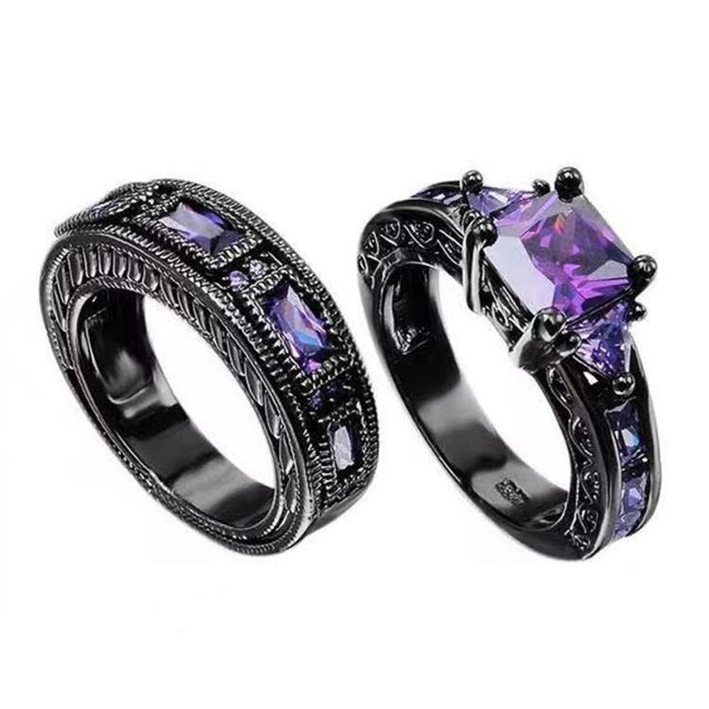 Womens Heart Shaped Alloy Ring Set Electroplated Black Gold Finish With Purple Zircon Stone Fashion Jewelry