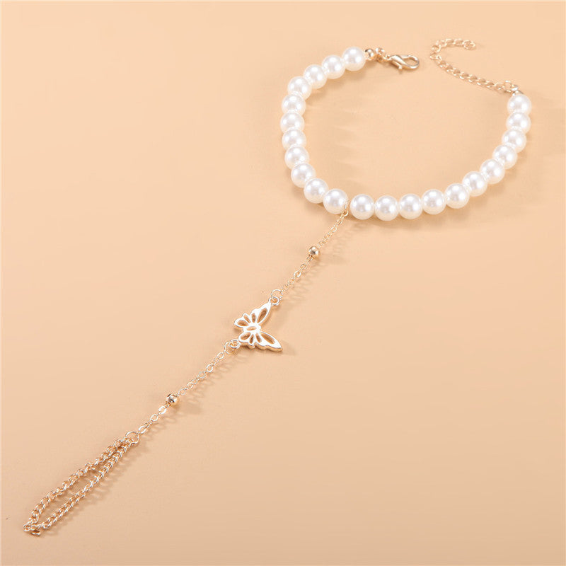 Butterfly Finger Bracelet With Pearl Chain Delicate Jewelry
