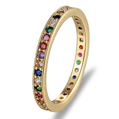 Gold Plated Copper Rings Rainbow Cubic Zirconia Dainty Elegant Women Fashion Jewelry Sparkle For Everyday Wear