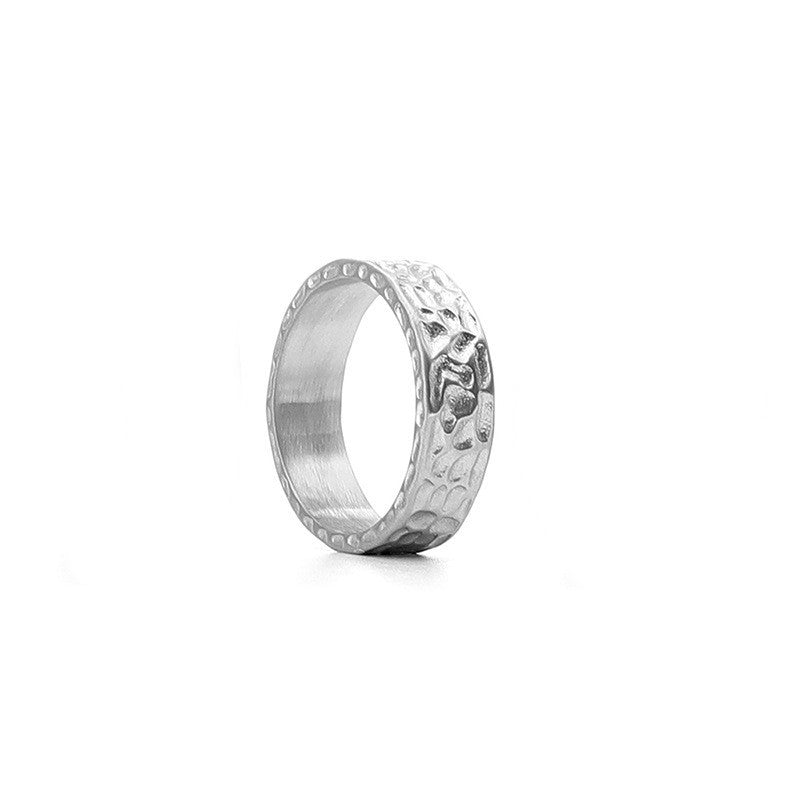 Men's Fashion Ring Textured Stone Pattern Titanium Steel Band Simple Silver Ring for Him Anniversary Gift or Everyday Wear Geometric Design Ring