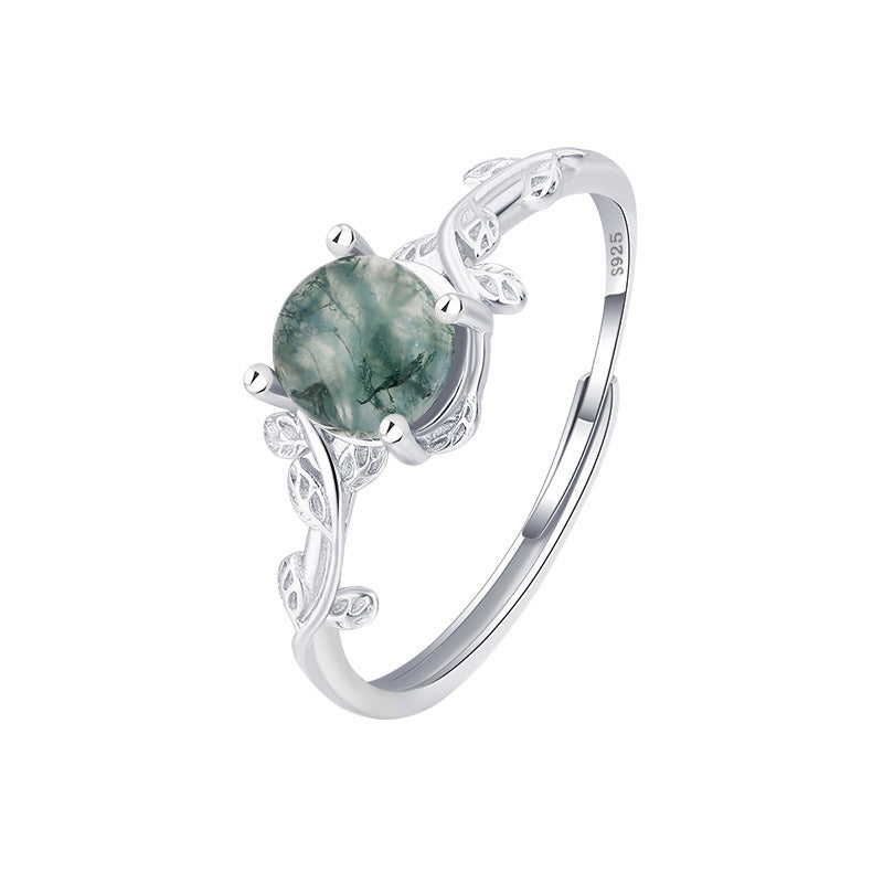 Womens Adjustable Ring S925 Silver Green Moss Agate Stone Geometric Diamond Cut Design Ring Gift for Her Adjustable