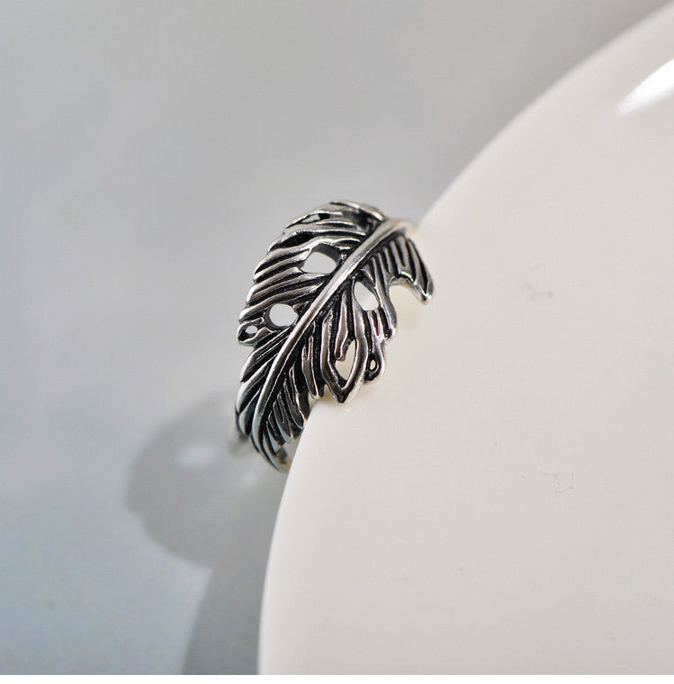 Vintage Thai Feather Ring Hollow Leaf Design Lightweight 925 Sterling Silver Closed Mouth Jewelry Gift For Everyday Use