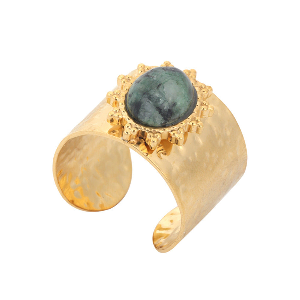 Womens Natural Stone Ring Gemstone Stainless Steel Jewelry Elegant Round Cut Durable Versatile Accessory Everyday Wear