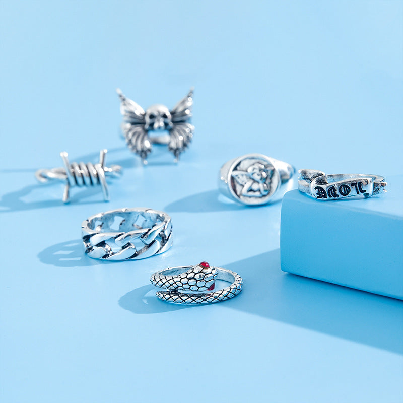 Womens Ring Set Retro Gothic Heavy Metal Geometric Alloy Jewelry Butterfly Rings For Women Stackable Fashion Accessory