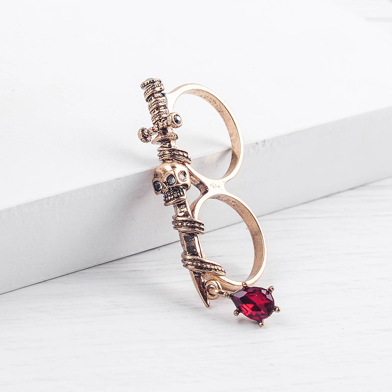 Womens Double Finger Skull Ring Alloy Metal Diamond Drop Design Artificial Gemstones Jewelry European American