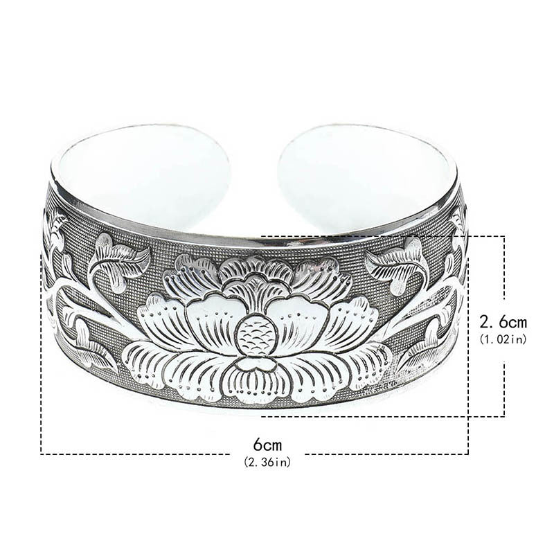 Peony Flower Bracelet Silver Plated Bangle 2.5cm Wide Floral Design For Women And Girls Inner Diameter 5.9cm