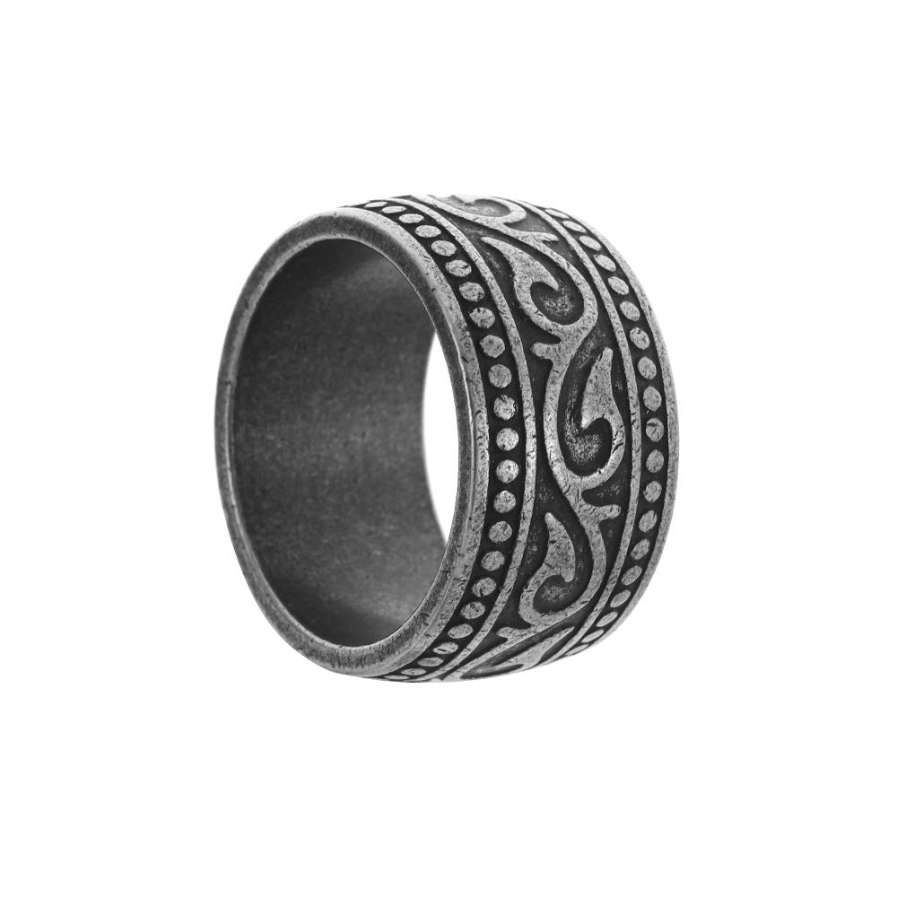 Mens Titanium Steel Ring 13mm Wide Geometric Totem Design Vintage Style Band Distressed Silver Finish For Men Everyday