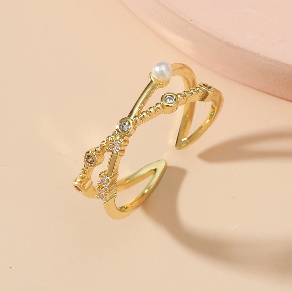 Womens 925 Sterling Silver Gold Plated Hollow Geometric Ring White Crystal Jewelry for Her Birthday Gift Ideas