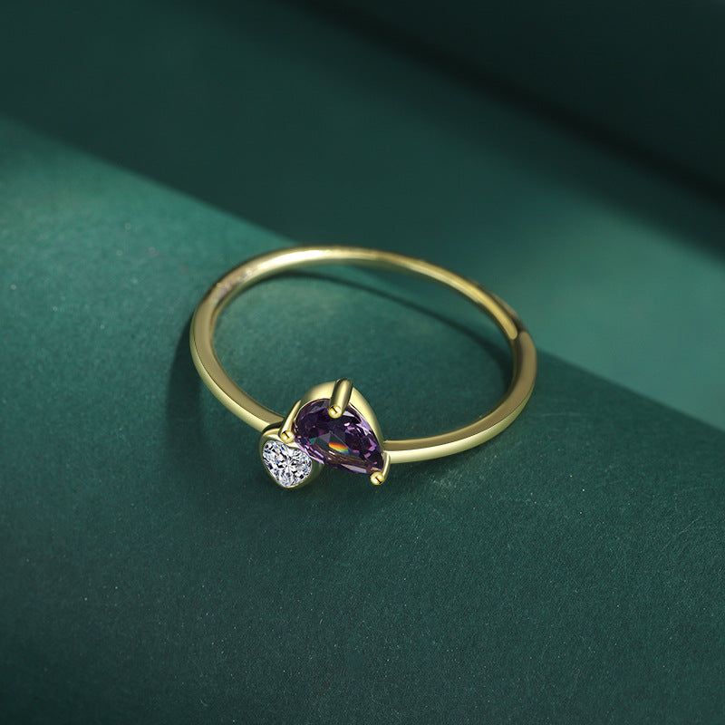 Women's Ring 14K Gold Plated Ring with Purple Gem and Peach Heart Design S925 Sterling Silver Ring Electroplated Diamond Ring for Her