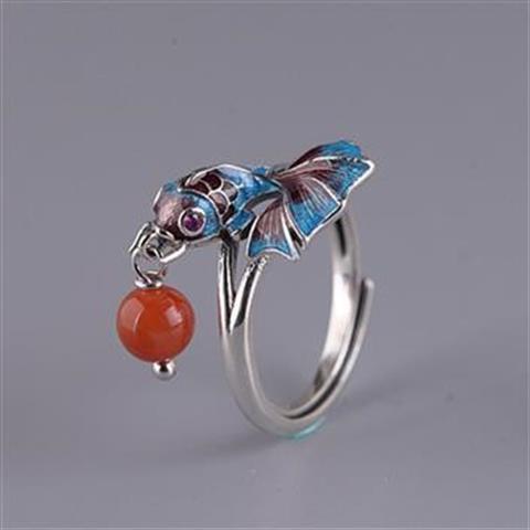 Womens 925 Silver Ring Inlaid Cloisonne Enamel Adjustable Opening Chinese Carp Design Vintage Style Jewelry Ring