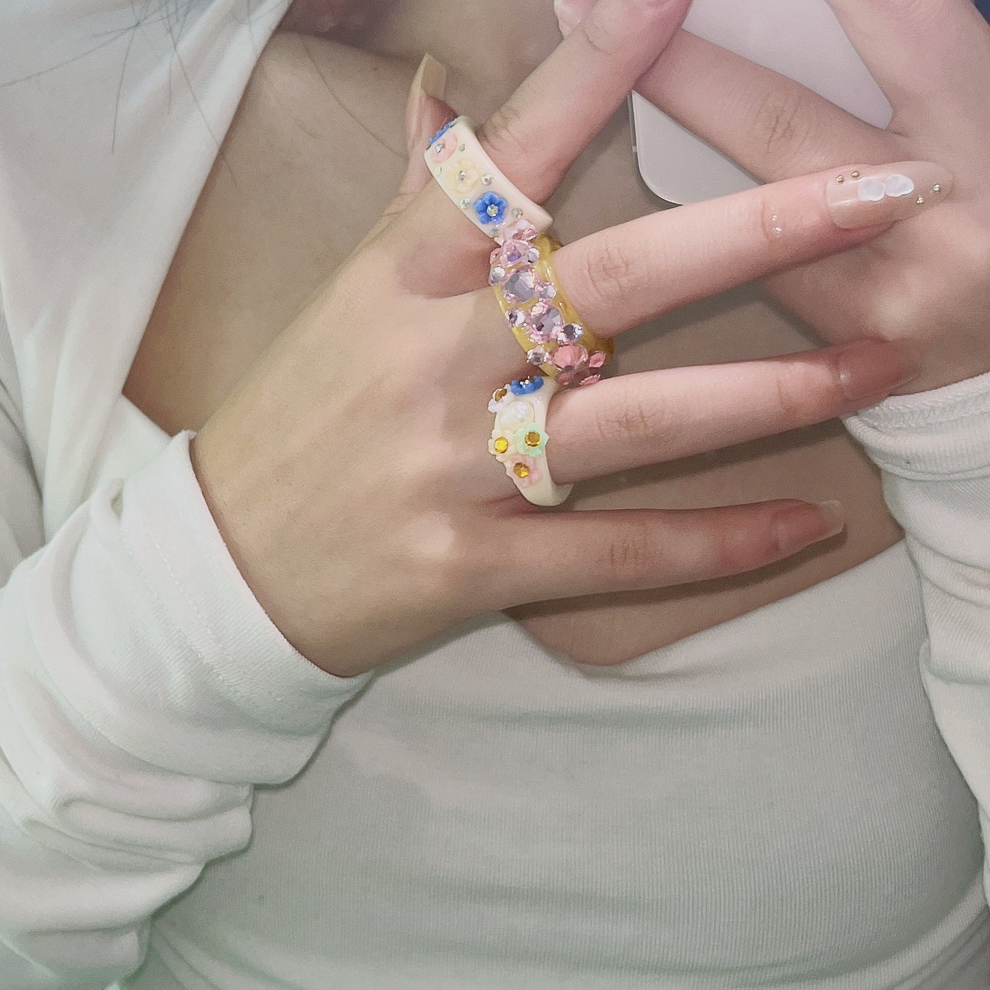 Floral Resin Ring With Pink Zircon Accent For Women