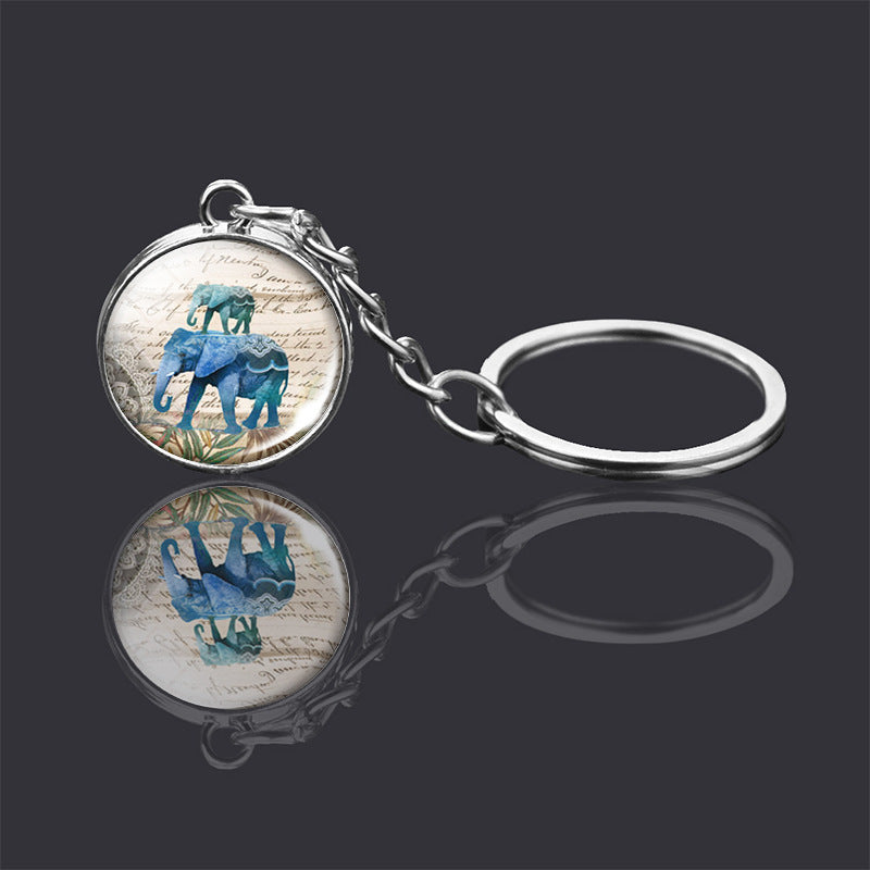 Animal Key Chain Double Sided Glass Ball Pendant Metal Key Ring Unisex Accessories Donkey Rabbit Giraffe Dolphin Fox