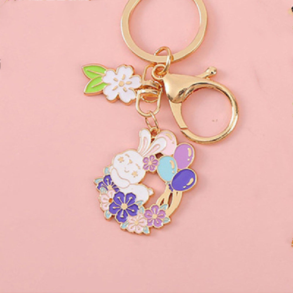 Rabbit Keychain Cartoon Keyring With Cherry Blossom Decoration Flower And Leaf Design Alloy Key Trendy Keyring