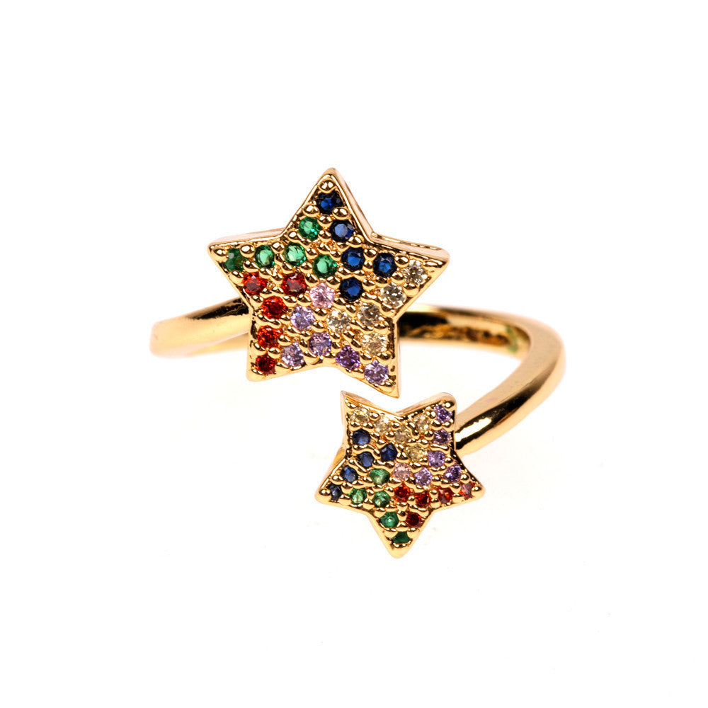 Metal Ring Star Micro Inlaid Color Diamond Accented European American Design Jewelry Gift For Business Quality