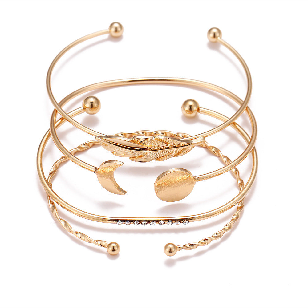 Unisex Electroplated Alloy Bracelet Korean Geometric Design Moon Inlay Leaf Inlay Brick Pattern Wristband Fashion