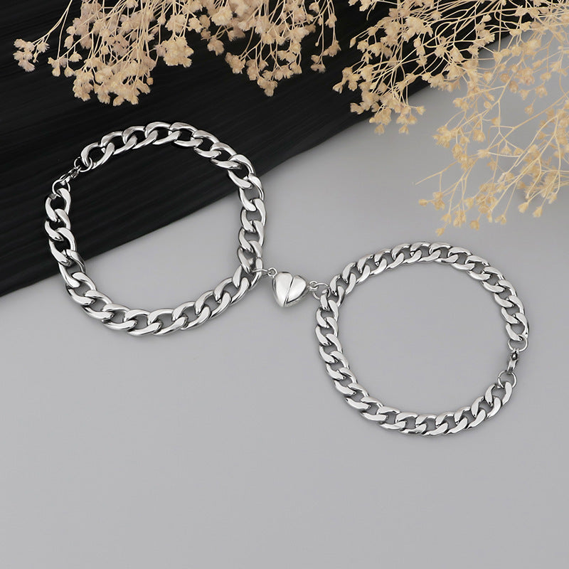 Stainless Steel Heart Charm Couple Bracelets Set Matching Jewelry For Women And Men NK Chain Stylish Chic Tone