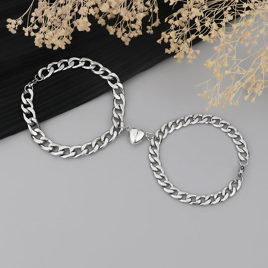Stainless Steel Heart Charm Couple Bracelets Set Matching Jewelry For Women And Men NK Chain Stylish Chic Tone