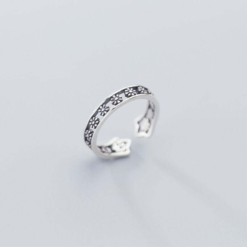 Womens Copper Ring With Flower Design Adjustable Open Ring Vintage Silver Finish Korean Design Ring For Women
