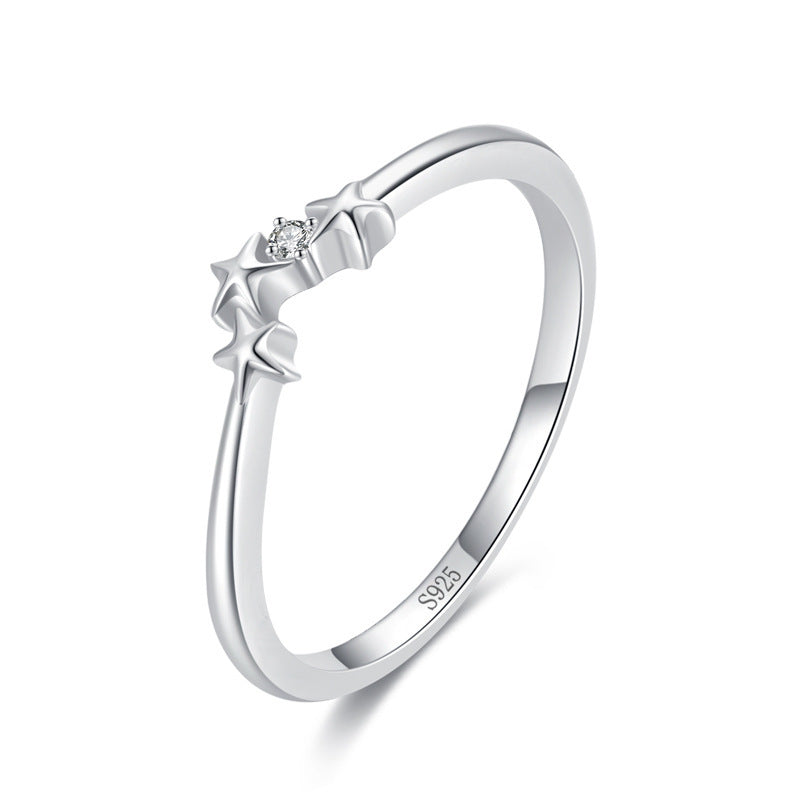 Womens Sterling Silver Ring With Sweet Star Design Geometrical Shape Gold Plated Inlaid Gemstones S925 US5 US6