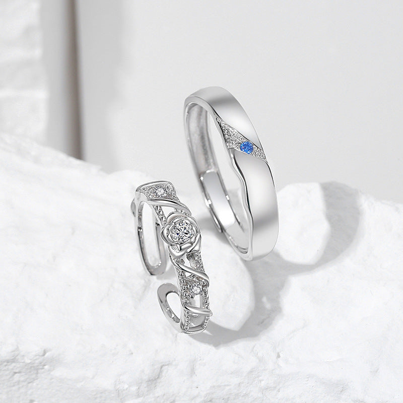 Desert Rose Sterling Silver Couple Rings Matching Design Adjustable Opening Band Anniversary Gifts For Couples