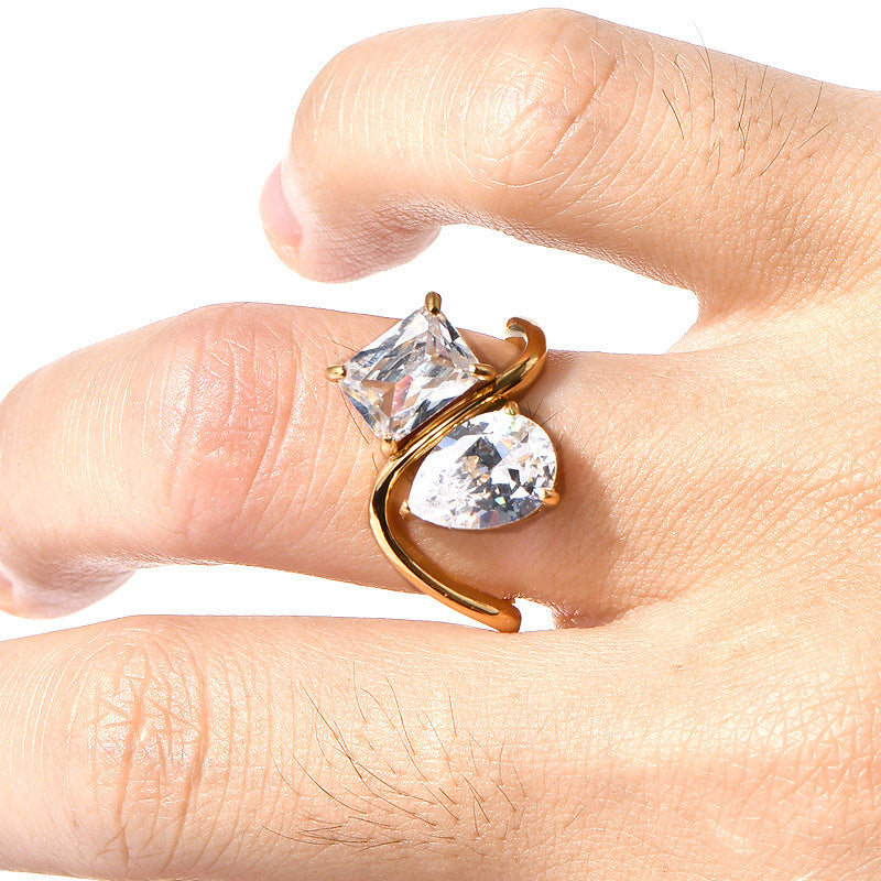 Titanium Steel Diamond Water Drop Square Ring Gold Tone Geometric Korean Style Elegant Modern Shine Daily Wear