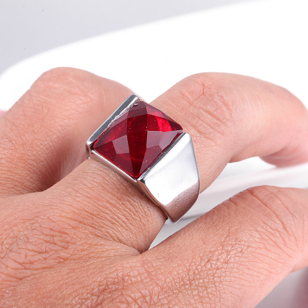 Men's Stainless Steel Ring Retro Geometric Ring with Red Garnet Inlay Polished Titanium Steel Band Creative Jewelry Gift for Him Silver Black Diamond Ring