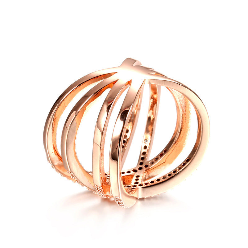 Zircon Inlaid Double Cross Ring Copper Gold Plated Womens Fashion Jewelry Elegant Statement Ring For Her Gleam