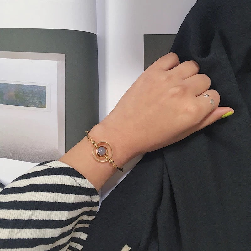 Women Gold Plated Bracelet Geometric Overlapping Circle Design with Peacock Green Grey Blue Sphere Stones Gems