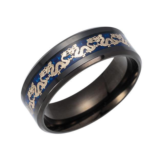 Vintage Chinese Dragon Plated Black Ring With Carbon Fiber Inlay 8mm Stainless Steel For Men And Women Styles