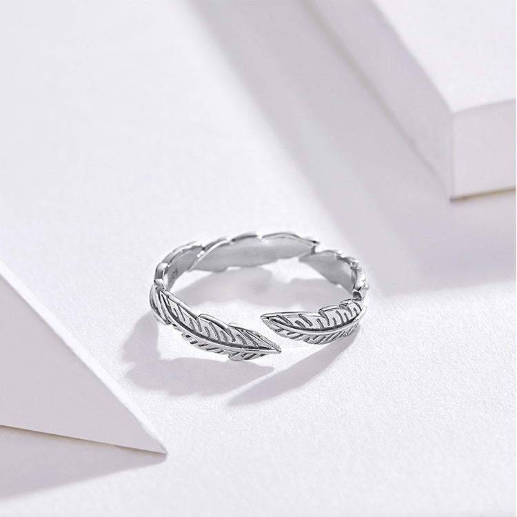 White Feather Ring 925 Sterling Silver With Platinum Plating Lightweight Elegant Band Ring For Women And Girls