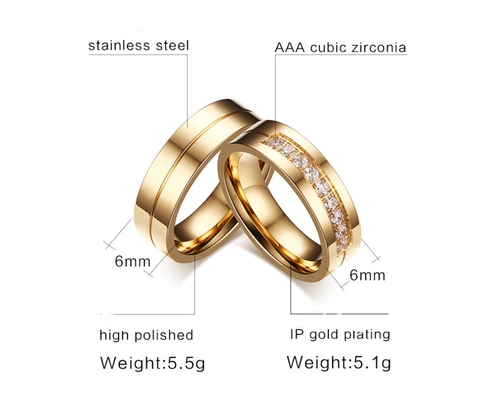 Titanium Steel Couple Ring Electroplated Gold Diamond