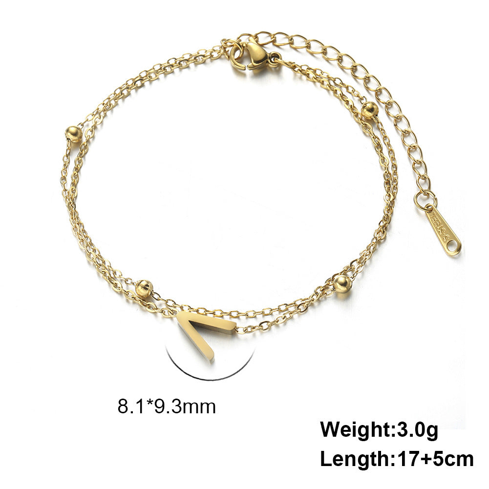 Womens Stainless Steel Double Layer Chain Bracelet With Initial Pendant Electroplated Finish Jewelry Gift Gold