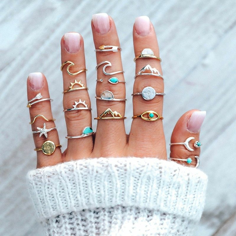 Womens 19 Piece Ring Set Fashion Jewelry Alloy Geometric Design With Electroplated Finish For Travel Essentials
