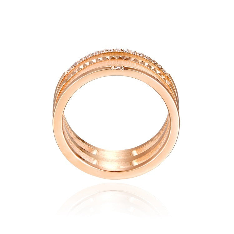 Unisex Ring Stainless Steel Gold Three Tier Rose Design With Diamonds Round Band Statement Fashion Jewelry Ring For Women And Men