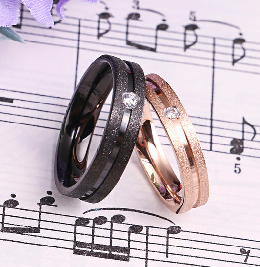 Unisex Zircon Inlay Titanium Steel Ring Rose Gold Black Bands Korean Japanese Promise Engagement Rings Durable