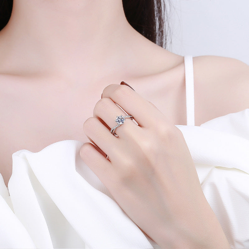 Womens 925 Sterling Silver Ring Geometric Design With Simulated Diamond Six Prong Adjustable Electroplated Ring