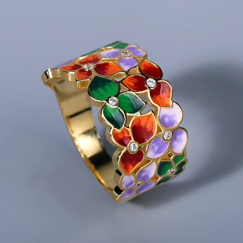 Womens Flower Enamel Ring Diamond Accent Brass Alloy Inlaid Fashion Jewelry Gift For Her Elegant Statement Piece