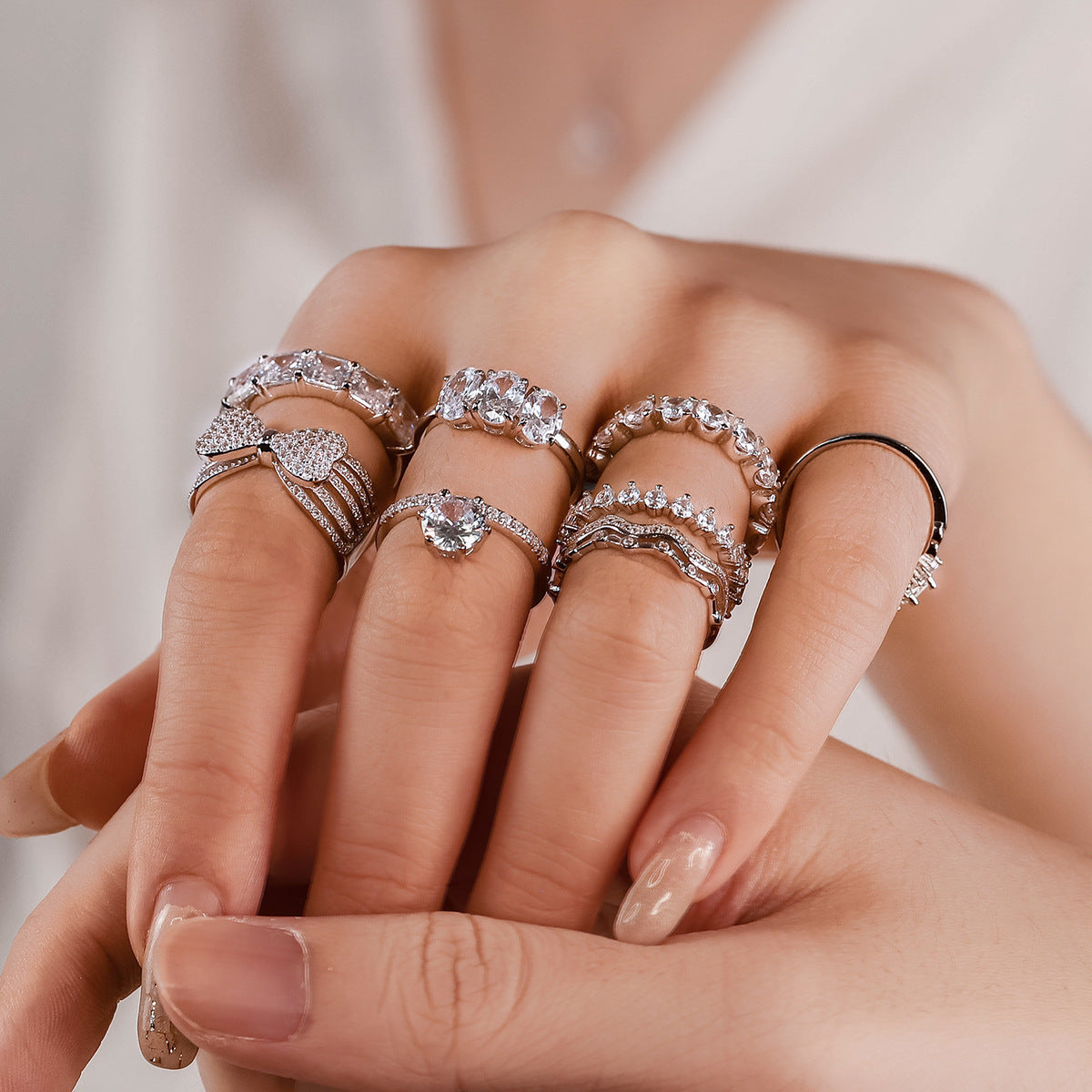 Sterling Silver Diamond Ring For Women Elegant Geometric Ring Rhinestone Wedding Birthday Festival Gift Ladies