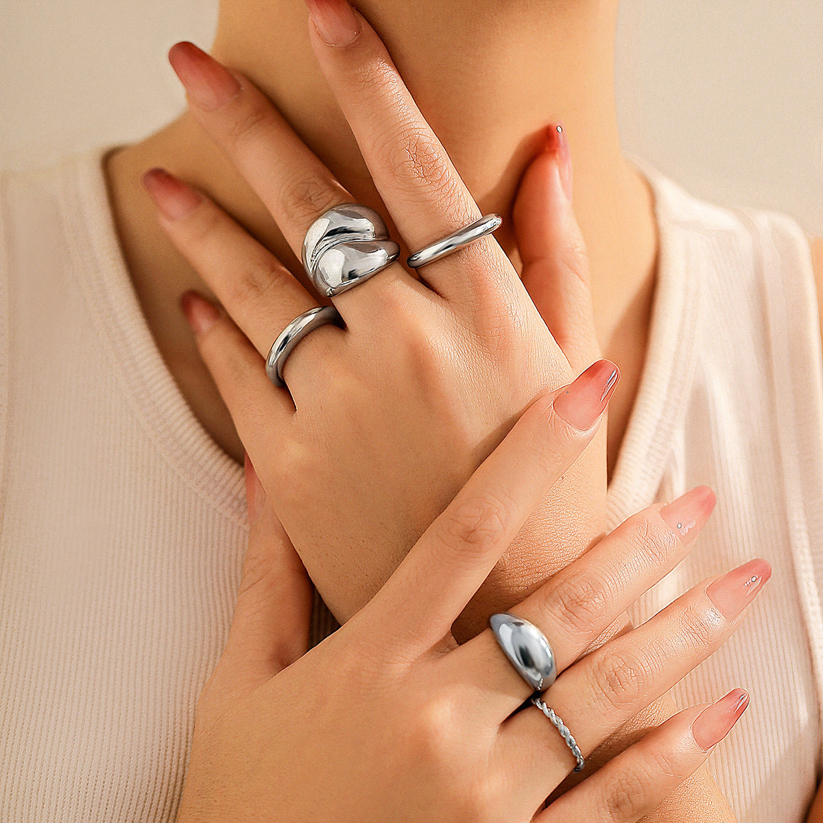Geometric Water Drop Ring Set For Women Zinc Alloy Plated