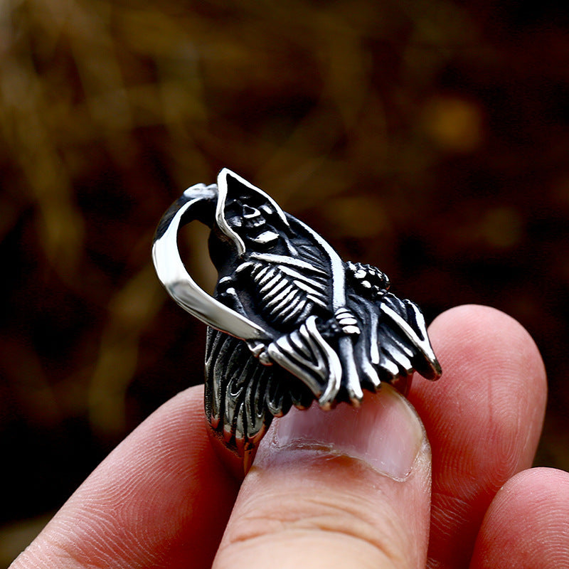Stainless Steel Skull Ring Death Sickle Retro European American Style For Men With Polished Titanium FinishTop