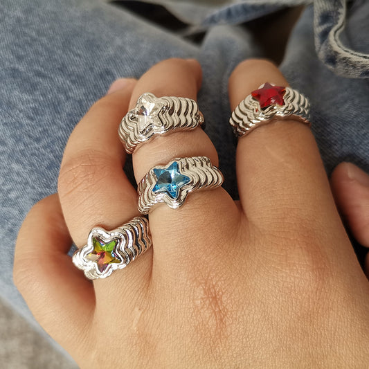 Womens Geometric Star Ring Alloy Metal Fashion Ring Retro Inlaid Star Design Electroplated Cold Wind Ring Ring
